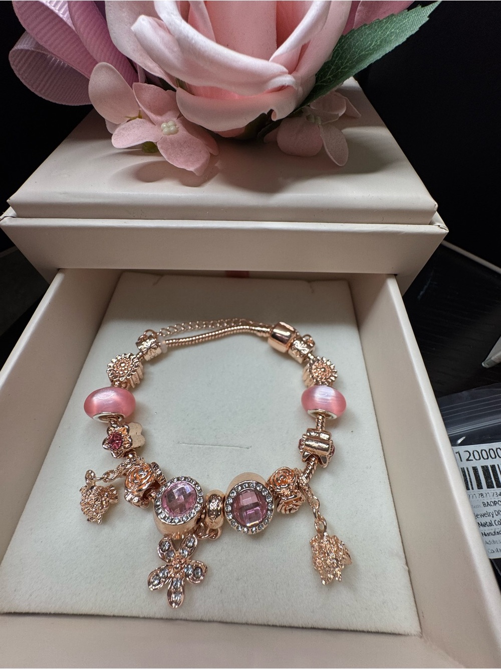 Rose Gold Pink Charm Bracelet with Crystal Accents